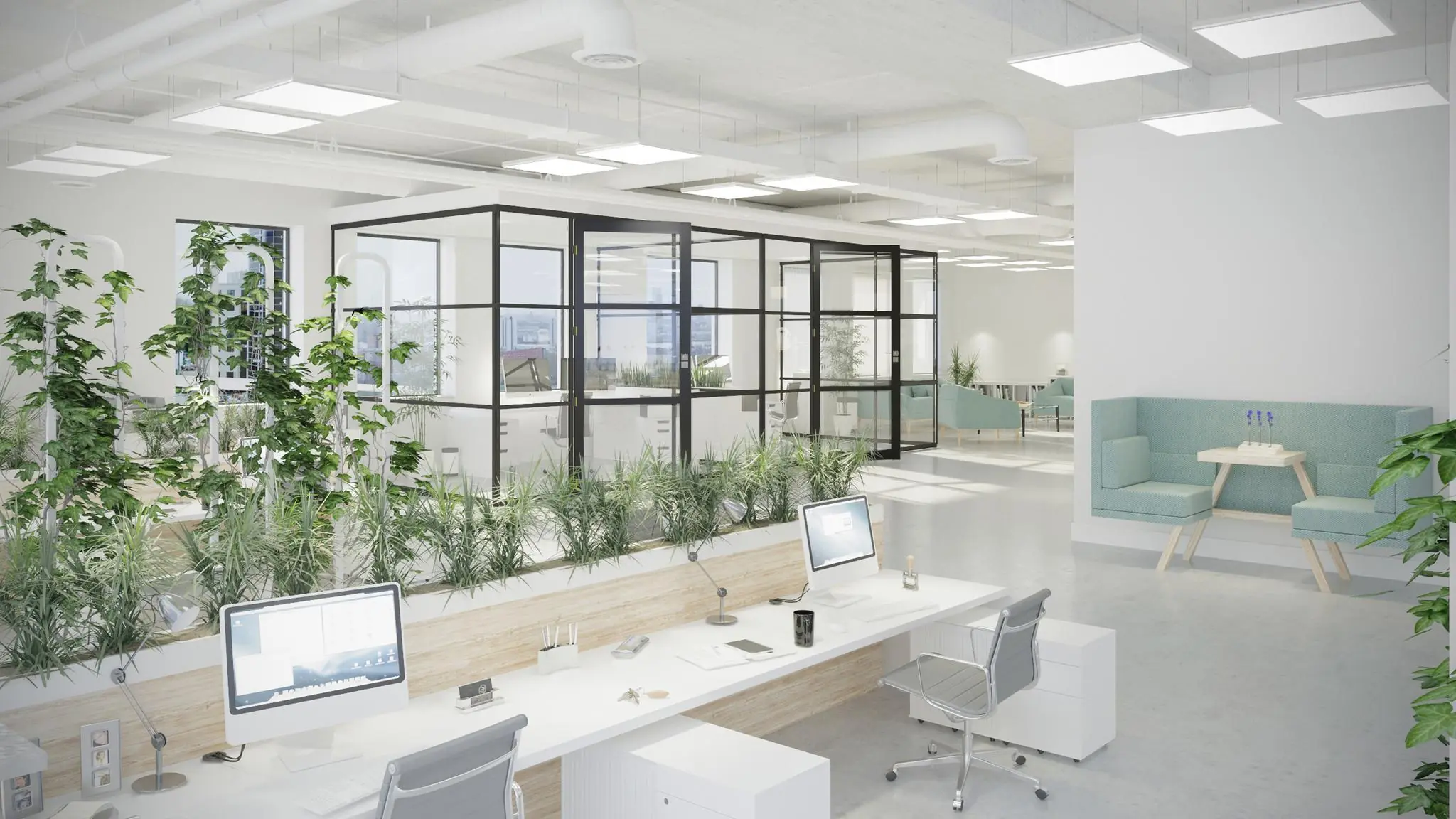 Modern en licht kantoorinterieur in Rivium Quadrant met glazen vergaderruimtes, open werkplekken en veel groene planten.
